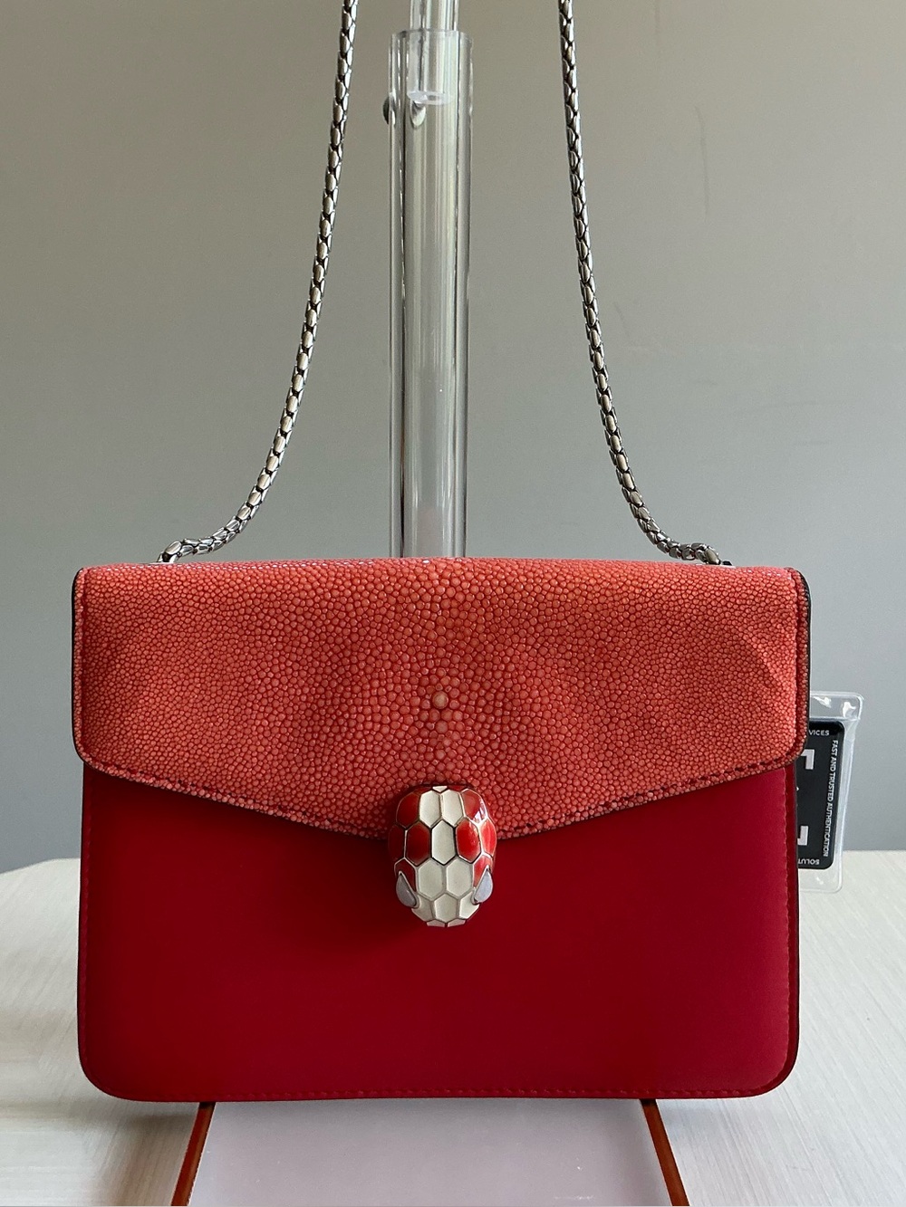 Bvlgari Serpenti Forever Crossbody Bag Red Leather Stingray Wallet On Chain WOC